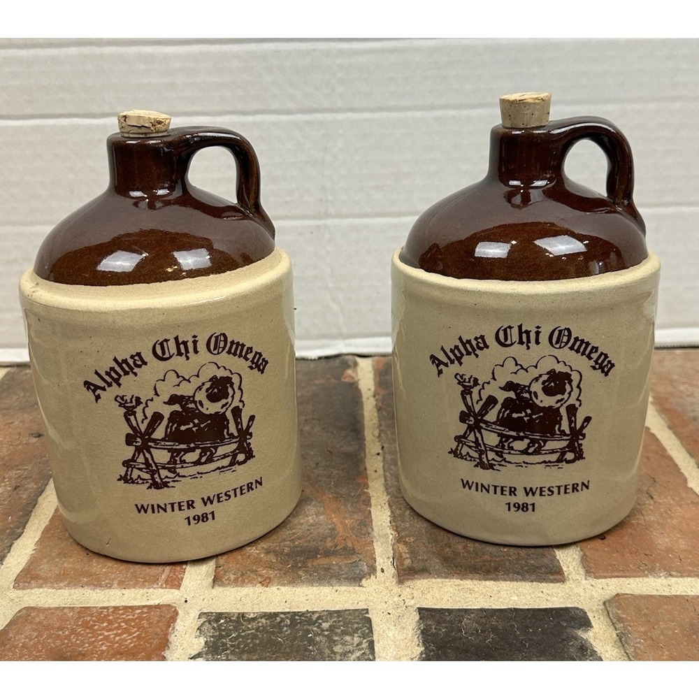 Pair Of Vintage Alpha Chi Omega‎ Whisky Jug W Cork Winter Western 1981 Stoneware